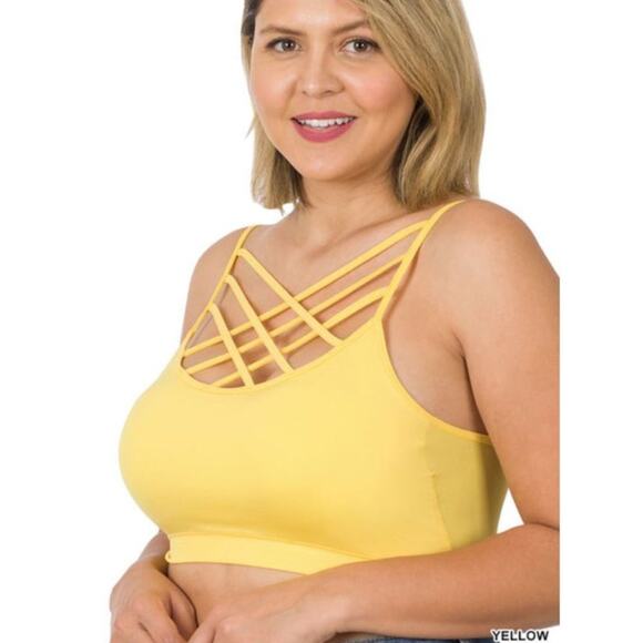 1X/2X Yellow Triple Criss Cross Bralette with bra pads Zenana wireless seamless - Picture 14 of 16